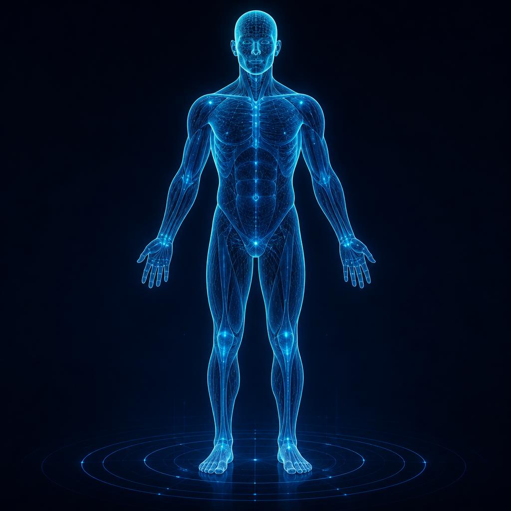 Representação anatômica digital do corpo humano em linhas neon azul e ciano